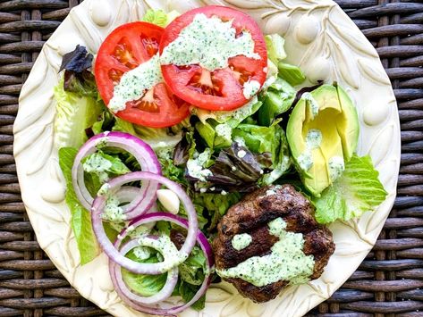 Hamburger Salad with Creamy Jalapeño Dressing Jalapeño Dressing, Hamburger Salad, Defined Dish, Creamy Jalapeno, Big Juicy, Delicious Lunch, Yummy Lunches, Meatless Meals, Food Staples