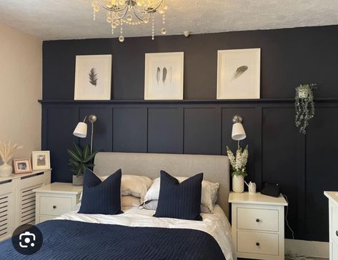 Bedroom Navy Panelling, Navy Half Wall Panelling, Navy Bedroom Panelling Wall, Dark Blue Wall Panelling, Bedroom Panelling Ideas Accent Wall, Bedroom Panelling Dark, Navy Bedroom Feature Wall, Navy Wood Panelling Bedroom, Bedroom Blue Panelling