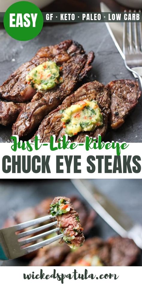 How To Make Chuck Eye Steaks Taste Like Rib Eyes - How to make cheap chuck eye steaks taste like ribeyes the EASY way! This easy chuck eye steaks recipe that will teach you how to make a delicious steak dinner on a budget. #wickedspatula #paleo #steaks #dinner via @wickedspatula Beef Chuck Eye Steak, Beef Chuck Steak Recipes, Chuck Steak Recipes, Easy Paleo Dinner Recipes, Beef Chuck Steaks, Delicious Steak, Paleo Meat Recipes, Grilled Steak Recipes, Budget Recipes