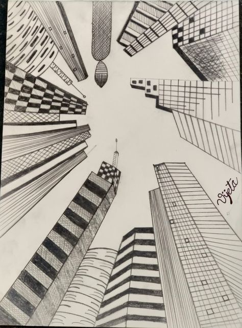 Sky Scrapers Drawing, Sky Scrapers, Cherry Blossom Decor, Architecture Sketches, Drawing Architecture, Perspective Drawing Architecture, Point Perspective, Perspective Art, Perspective Drawing