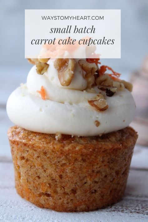 Small batch carrot cake cupcakes for when you don't need 2 dozen! SUPER moist cake with the dreamiest cream cheese frosting you'll ever taste! #cupcakes #baking #easter #carrotcake Carrot Cake For Two Recipe, Carrot Cake Small Batch, Small Batch Carrot Muffins, Small Batch Carrot Cake Recipe, Carrot Cake Mini Muffins, Small Batch Carrot Cake Cupcakes, Small Batch Cupcake Recipe, Small Batch Carrot Cake, Carrot Cake For Two