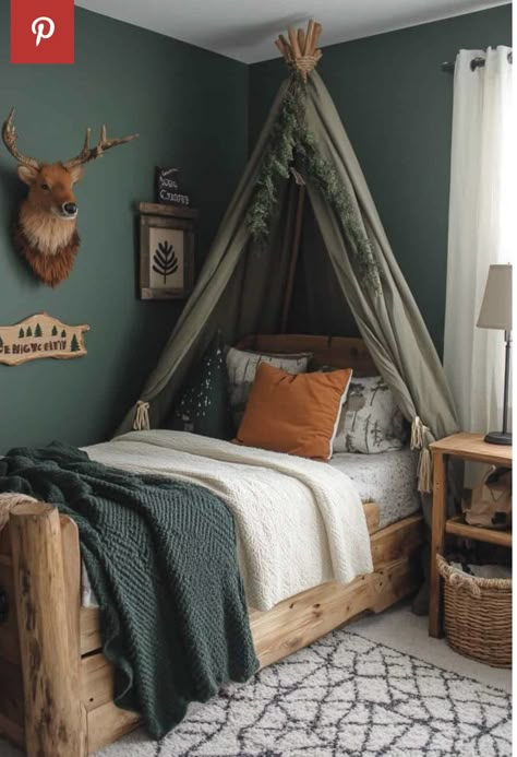 Little Man Cave Toddler Room, Hunter Green Boys Room, Toddler Room Boy Ideas, House Bed Boys Room, Boys Rustic Bedroom Ideas, Boys Nature Bedroom, Boys Cabin Bedroom, Wilderness Boys Room, Boys Camping Bedroom