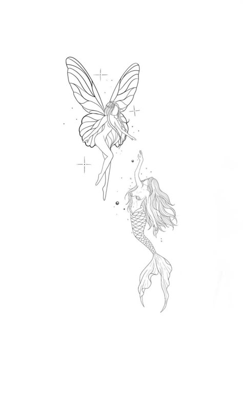 Fairy And Mermaid Matching Tattoo, Detailed Mermaid Tattoo, H20 Just Add Water Tattoo, Matching Tattoos Fairy, Mermaid Tiny Tattoo, Mermaid Tattoo Designs Simple, H2o Just Add Water Tattoo, Mermaid And Fairy Tattoo, Fairy And Mermaid Tattoo