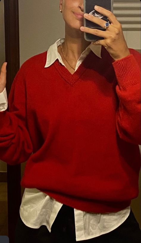 Red White Aesthetic Outfit, Red And White Sweater Outfit, Outfit With Red Sweater, Masc Christmas Outfits, Red Turtleneck Outfit Aesthetic, Red V Neck Sweater Outfit, Red Sweater Outfit Casual, Chunky Turtleneck Sweater Outfits, Dark Red Sweater Outfit