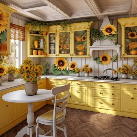 Yellow Theme Kitchen, Sunflower Kitchen Ideas, Kitchen Theme Ideas, Sunflower Themed Kitchen, Whimsical Kitchen, Sunflower Kitchen Decor, Sunflower Kitchen, Yellow Theme, French Country Kitchens