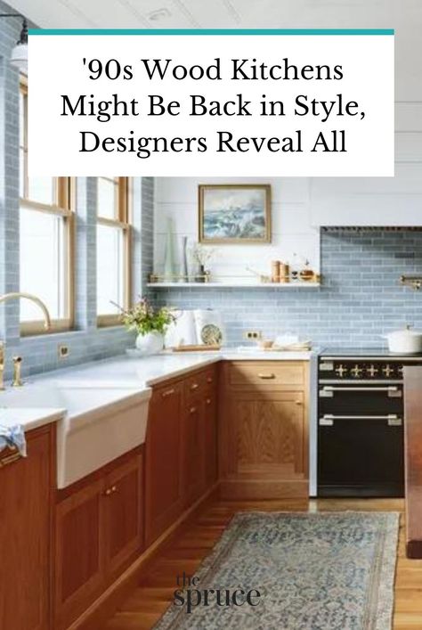 Designers weigh in on the latest kitchen trend question: are honey-colored maple cabinets from the 90s really back in style? Read all you need to know before renovating your kitchen and how you can update wooden cabinets to keep them fresh. #woodencabinets #kitchencabinetstyling #kitchencabinetupgrades #warmkitchens #apartmentdecor #apartmentdecoratingonabudget #apartmentliving #smallspacedecorating #thespruce Farmhouse Kitchen Maple Cabinets, White Appliances Wood Cabinets, Updating Wood Kitchen Cabinets, Honey Kitchen Cabinets Modern, Honey Colored Cabinets In Kitchen, White Kitchen With Wood Cabinets, Honey Walnut Cabinets, How To Update Maple Kitchen Cabinets, Update Maple Cabinets