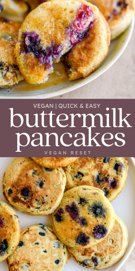 These 10-minute vegan buttermilk pancakes are super quick and easy to make, fluffy, and customizable! Made with fresh blueberries and topped with vegan butter and maple syrup, they’re the perfect breakfast for weekend mornings (or anytime you desire!). #PlantBased #VeganBreakfastIdea #DairyFree #EasyRecipe Easy Vegan Pancakes 3 Ingredients, Vegan Breakfast Ideas Easy, Vegan Brunch Ideas, Vegan Recipes Breakfast, Easy Vegan Breakfast Ideas, Easy Vegan Pancakes, September Meals, Buttermilk Pancakes Easy, Vegan Pancake Recipe