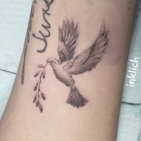 Greek Dove Tattoo, Beautiful Dove Tattoos, Colored Dove Tattoo, Dove Tattoo Feminine, Dove Spine Tattoo, Pretty Dove Tattoo, White Winged Dove Tattoo, Dove Name Tattoo, Dove Tattoo Aesthetic