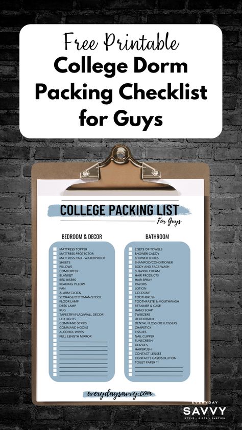 College Dorm Packing Checklist for Guys Dorm Essentials List For Guys, College Dorm Checklist For Guys, Boy College Dorms, Toiletries List, Move In Checklist, Dorm List, Best College Dorms, Dorm Packing, Guy Dorm