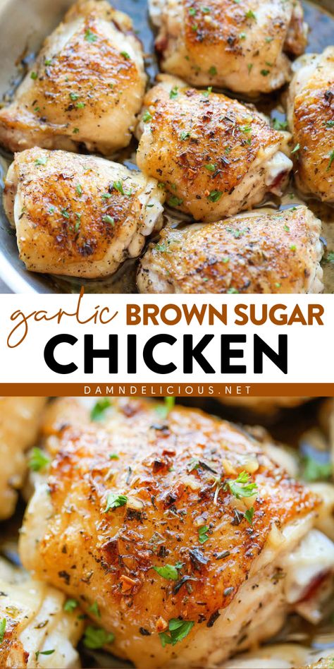 You're going to love this garlic brown sugar chicken recipe! Crisp tender with a sweet sauce, these chicken thighs are an amazing main dish for dinner. Put this simple dinner idea on your rotation! Brown Sugar Chicken Thighs, Garlic Brown Sugar Chicken, Brown Sugar Chicken, Easy Chicken Recipe, Brown Sugar Recipes, Chicken Thigh Recipes Baked, Simple Dinner, Baked Chicken Thighs, Healthy Dinner Recipes Chicken