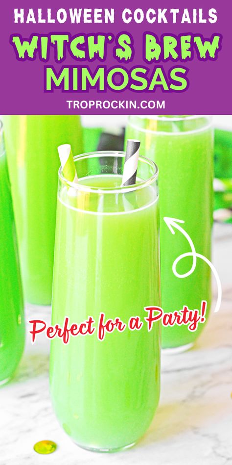 Halloween cocktails: Witch's Brew mimosas. Green champagne drinks perfect for Halloween party. Halloween Drinks Champagne, Halloween Mimosa Recipe, Spooky Mimosa Bar, Halloween Mimosa Bar Ideas, Halloween Champagne Punch, Green Mimosa Recipe, Champagne Halloween Cocktails, Halloween Champagne Drinks, Green Halloween Drinks Alcohol