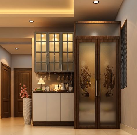 Interior Designers in Bangalore - Athena Apartment | Carafina Pooja Room With Crockery Unit, Pooja Unit Designs In Living Room, Crockery Unit With Pooja Mandir, Pooja Unit Designs, Crockery Unit Ideas, Modern Crockery Unit, Puja Unit Design, Full Home Interior Design, Modern Crockery