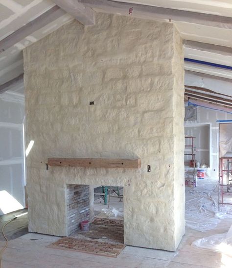 living room stone- similar to cottonwood- matching mortar, sacked grout joints Cedar Wood Siding, Patina Farm, French Limestone, Limestone Wall, Limestone Fireplace, Rock Fireplaces, Farmhouse Fireplace, Fireplace Remodel, Exterior Stone