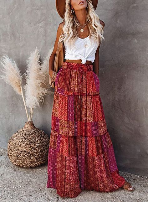 Boho Skirt Outfit, Flowy Skirt Outfit, Look Hippie Chic, Long Flowy Skirt, Look Boho Chic, Boho Chique, Boho Mode, Boho Summer Outfits, Long Skirt Outfits