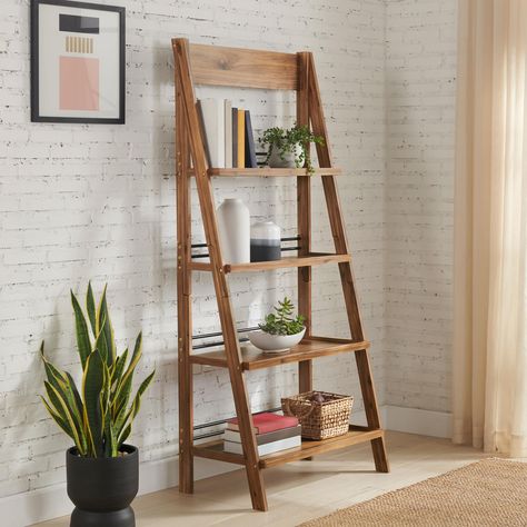 PRICES MAY VARY. LADDER SHELF - Blending the clean lines of modern style and functionality, this 4-tier bookshelf is sure to turn empty wall space into a focal point that is attractive and purposeful. This shelf can hold various decorations, books, and storage items beautifully. DURABLE DESIGN - Made of MDF with a solid wood frame, the modern bookshelf creates a sturdy platform to display books, photo frames, towels, toiletries, spices, and office supplies. The unit also includes anti-tip hardwa Leaning Book Shelf, Office Shelves, Ladder Shelves, Shelves For Living Room, Wood Bookshelf, Tall Bookcase, Display Books, Ladder Bookshelf, Modern Bookshelf