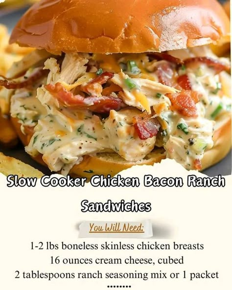 Grandma's Cooking Recipes | Slow Cooker Chicken Bacon Ranch Sandwiches 🥓🍗 | Facebook Slow Cooker Chicken Bacon Ranch, Ranch Sandwich, Cream Chicken Recipes, Chicken Bacon Ranch Sandwich, Spaghetti Chicken, Seasoning Chicken, Recipes Spaghetti, Chicken Oven, Recipes Slow Cooker