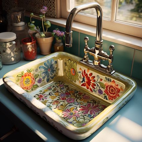 Summer Home Aesthetic, House Inspo Interior Design, House Inspo Interior, Unique Home Ideas, Flower Sink, Artsy Kitchen, House Decor Vintage, Aesthetic Interior, Dream Life House