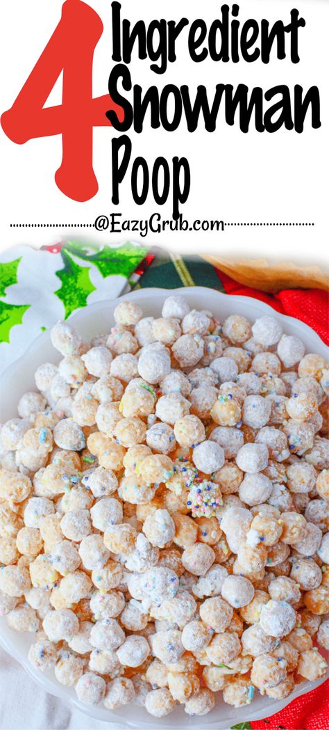 Snowman Poop: A playful and tasty winter treat! Made with crispy Kellogg's Corn Pops, melted white chocolate, snowy sprinkle candy! Add a touch of icing sugar for a whimsical snowy finish. Perfect for holiday gatherings or a fun snack with the kids! On those stay at home snow days, get them involved in making the candy and give away in pretty bags for fun teacher gifts your kids will love! Crock Pot Snowman Poop, Crockpot Snowman Poop, Snow Day Snacks For Kids, Snowman Poop Recipe White Chocolate, Winter Snack Mix Recipes, Winter School Snacks, Snowman Snack Ideas, Winter Theme Snacks For Kids, Snow Day Treats