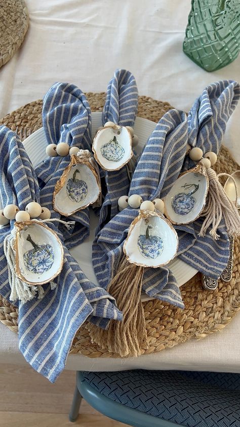 Oyster Shell Napkin Rings, Beachy Christmas Tree, Shell Napkin Rings, Chinoiserie Pumpkins, Liquid Gold Leaf, Fall Napkins, Oyster Shell Crafts, Beachy Christmas, Rings Blue