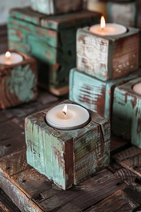 Wood Candle Holders Diy Christmas, Chunky Wood Candle Holders, Wooden Candle Holders Diy Wood Blocks, Everyday Diy Crafts, Advent Candle Holder Diy, Wood Lanterns Diy, Wood Plaque Ideas Diy, Diy Wood Gift Ideas, Diy Wood Christmas Gifts