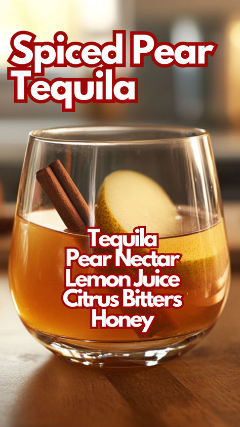 Spiced Pear Tequila Healthy Tequila Drinks, Spiced Pear Cocktail, Honey Cocktails, Pear Drinks, Pear Cocktail, Pear Nectar, Cocktail Cards, Honey Cocktail, Winter Holiday Recipes