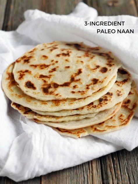 3-ingredient Paleo Naan by Ashley of MyHeartBeets.com - use this as a flatbread, tortilla, or crepe!! Butter Tea Recipe, Tapioca Flour Recipes, Paleo Naan, Pane Naan, Paleo Bread Recipe, Paleo Bread, Indian Bread, Almond Flour Recipes, Flatbread Recipes