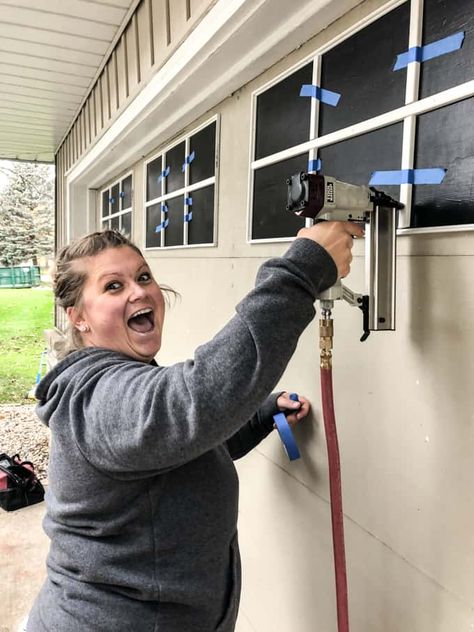 Faux Wood Garage Door Diy, Faux Garage Door Windows, Old Garage Door, Garage Door Update, Diy Garage Door Makeover, Garage Door Decorative Hardware, Faux Wood Garage Door, Garage Windows, Garage Door Paint