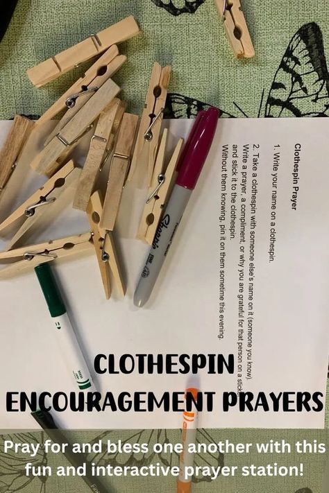 This creative prayer practice doubles as a compliment game. Set up these clothespin encouragement prayers as an interactive prayer station and get people praying for and blessing one another. #prayerstationideas #complimentgame #encouragementprayers #sundayschool People Praying, Prayer Crafts, Clothes Pin Games, Prayer Breakfast, Prayer Stations, Prayer Partner, Prayers Of Encouragement, Prayer Station, Prayer Service