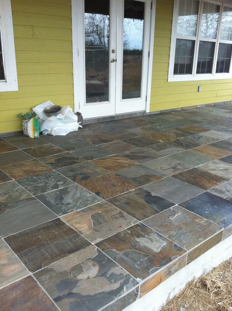 Slate Front Porch, Tile Front Porch, Tile Patio, Outdoor Tile Patio, Tan House, Floor Outdoor, Slate Tile Floor, Back Porches, Porch Flooring