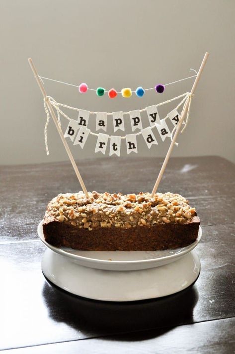 How to make the cutest birthday cake topper. Happy Birthday banner with pom-poms. | Mother's Niche Birthday Cake Banner, Happy Birthday For Him, Diy Birthday Banner, Diy Birthday Cake, Cake Bunting, Homemade Birthday Cakes, Cake Banner, Diy Cake Topper, Easy Birthday