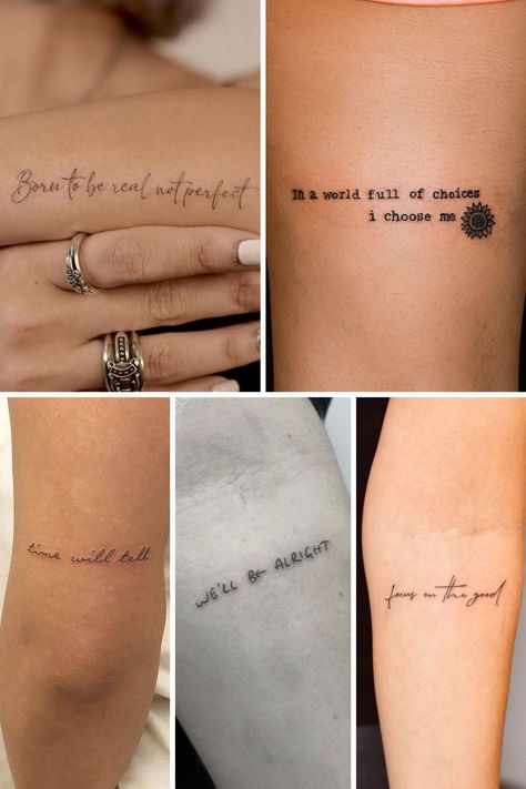 Meaningful Tattoo Quotes + Phrases - Tattoo Glee Small Words Tattoo, Meaningful Word Tattoos, Short Quote Tattoos, Tatoos Small, Motivational Tattoos, Tato Dengan Makna, Meaningful Wrist Tattoos, Tato Jari, Good Tattoo Quotes