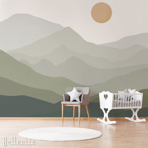 Green Mountain Nursery, Mountain Nursery Wall, Brown Mountains, Green Boys Room, Boy Bed, Mountains Sticker, Nursery Accent Wall, Baby Boy Room, Mountain Nursery