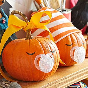 The Great Pumpkin: 23 Creative Pumpkin Crafts: Binky Babies No Carve Pumpkin Decorating, Easy Pumpkin Carving, Carte Halloween, Adornos Halloween, Creative Pumpkins, Baby Shower Pumpkin, Star Baby Showers, Baby Cap, Pink Lady