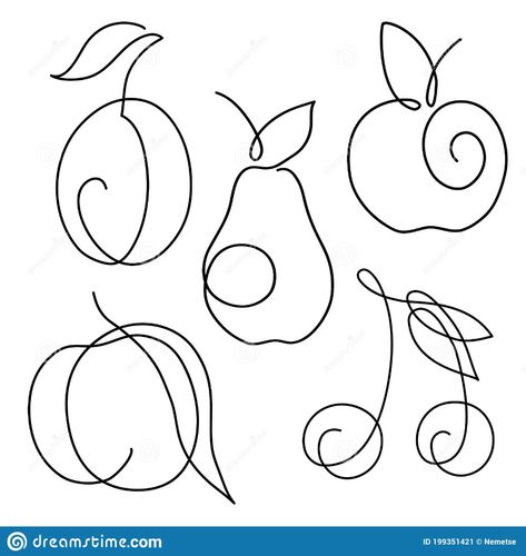 Cherries Black And White, Apple One Line Drawing, Fruit Line Illustration, Minimalist Apple Tattoo, Peach Line Art, One Line Drawing Tutorials, Fruit Line Drawing, Fruit Line Art, Plum Drawing