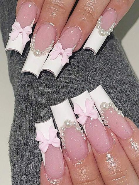 Fake Nails White, Hari Valentine, Easy Nails, Girly Acrylic Nails, French Tip Acrylic Nails, Nagel Inspo, Pink Acrylic Nails, Girls Nails, Square Acrylic Nails