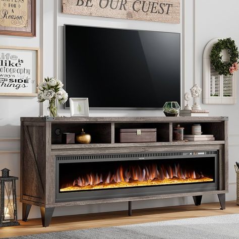 Amazon.com: Amerlife 65" Fireplace TV Stand with 60" Glass Electric Fireplace, Industrial & Farmhouse Media Entertainment Center with Open Shelve Storage for TVs Up to 75", TV Console for Living Room, Light Gray : Home & Kitchen Fireplace Tv Stand Black, Tv Mount With Fireplace, Fireplace Console Table, Console Table With Fireplace, Modern Fireplace Tv Stand, Floating Fireplace Tv Stand, Christmas Tv Decor, Open Shelve Storage, Fireplace Entertainment Center Ideas