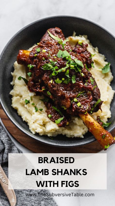 Rich, decadent, fall-off-the-bone Braised Lamb Shanks with figs and red wine. A truly spectacular meal -- perfect for holiday gatherings or cozy Fall nights! Best Lamb Shank Recipe, Lamb Shank Recipe, Braised Lamb Shanks, Slow Cooked Meat, Braised Lamb, Fall Dinner Party, With Mashed Potatoes, Fall Nights, Lamb Shanks