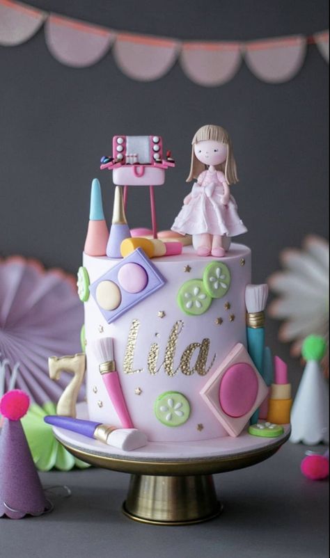 Makeup Birthday Cake Kids, Makeup Party Cake, Spa Party Ideas For Girls Birthday Cake, Spa Cake Ideas Birthday, Makeup Cake For Kids, Little Miss Threenager Birthday Cake, Spa Birthday Cakes For Kids, Spa Party Cake Ideas Kids, Birthday Cake 8th Girl