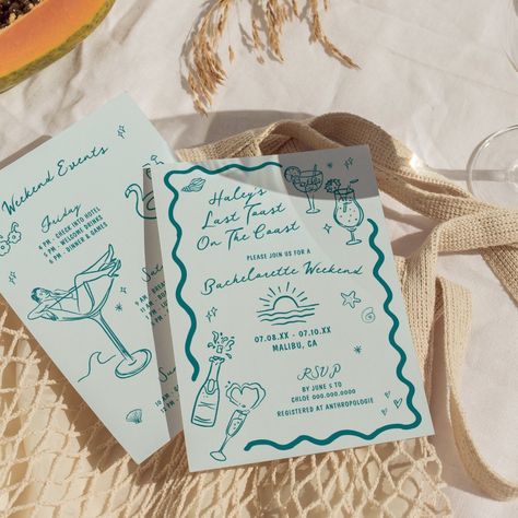 Get ready to celebrate the bride-to-be with an unforgettable weekend by the sea! Introducing our "Last Toast On The Coast" bachelorette weekend invitation, designed to make every moment of your celebration as special as the bride herself. This whimsical invitation features a playful handwritten font that adds a personal touch to your announcement. Hand-drawn beach-themed icons, like seashells, starfish, and cocktails, dance around the border, setting the perfect tone for a seaside soiree. On the front, you'll find space for all the essential details: the bride's name, the location, and the date of the bachelorette weekend. The charming handwritten font and beachy icons create a fun and relaxed vibe, inviting guests to join in the festivities. The deep and soft aqua colors evoke the serene Amalfi Coast Bachelorette Party, Beachy Icons, Preppy Bachelorette Party, Last Toast On The Coast Bachelorette, Beachy Fonts, Bachelor Ideas, Blue Bachelorette, Invites Template, Themed Icons