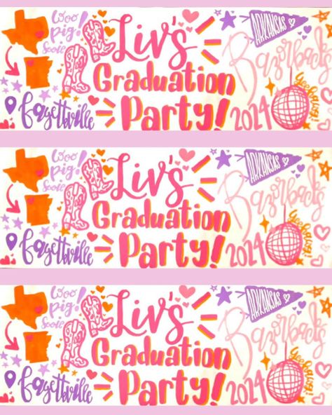 In LOVE with this grad banner!! ⚡️💜💖🧡✨ Painted Banner School, Grad Party Banner Painted, Painted Birthday Banner College, Date Party Banners Sorority, Grad Party Banner, Valentine’s Day Sorority Banner, Painted Banner, Grad Banner, Poster Ideas