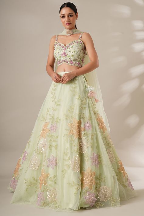 Green Net Embroidered Lehenga Set Design by Chaashni by Maansi and Ketan at Pernia's Pop Up Shop 2024 Floral Print Lengha, Sabyasachi Pastel Lehenga, Embroidered Lehenga Designs, Lehnga Bridesmaid Indian Weddings, Ombre Lengha, Pastel Green Lehenga Combinations, Pastel Lehenga Bridesmaid, Pastel Lehenga Wedding, Floral Lehenga Designs