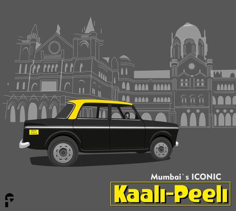 Vector illustration of Mumbai's iconic cab Indian Transport Illustration, Mumbai Theme Decor, Mumbai Taxi Illustration, Mumbai Dabbawala Illustration, Mumbai Illustration Art, Mumbai Painting, Mumbai Illustration, Maharashtra Culture, Mumbai Poster