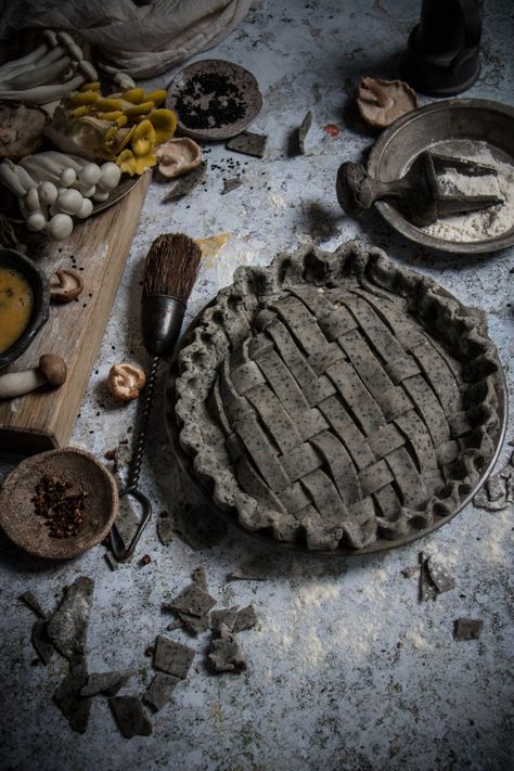 a twist on a chicken pot pie with black sesame and Sichuan pastry and filled with chicken and creamy mushrooms and miso, soy sauce Chicken And Mushroom Pie, Miso Chicken, Mushroom Pie, Chicken And Mushroom, Sichuan Pepper, Black Food, Black Sesame, Chicken Pot, Chicken Pot Pie