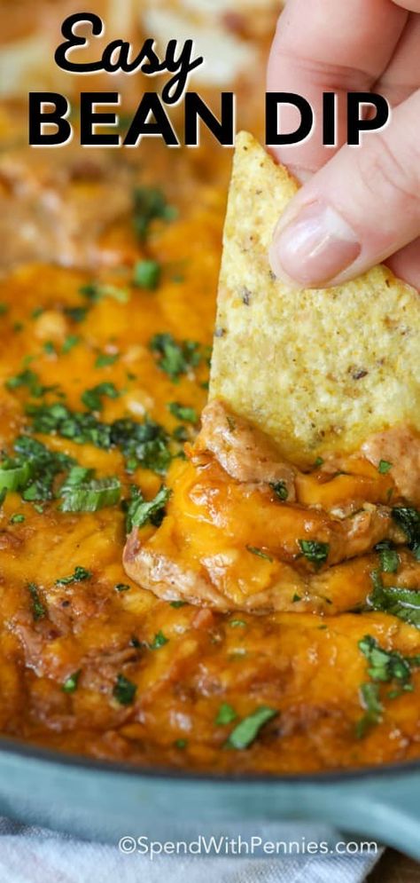 Creamy, cheesy and delicious this easy bean dip recipe is going to become a go-to! Refried beans and cream cheese create the base of this dip while taco seasoning and a handful of chopped jalapenos add lots of flavor (and a little kick)! #spendwithpennies #beandip #refriedbeandip #easydiprecipe #appetizerrecipe #cheesydip Bean Dip With Enchilada Sauce, How To Make Bean Dip From Refried Beans, Bean Dip From Canned Refried Beans, Cheese Bean Dip Recipes, Dips With Refried Beans, How To Make Bean Dip, Things To Make With Refried Beans, How To Use Refried Beans, Refried Beans Dinner Ideas