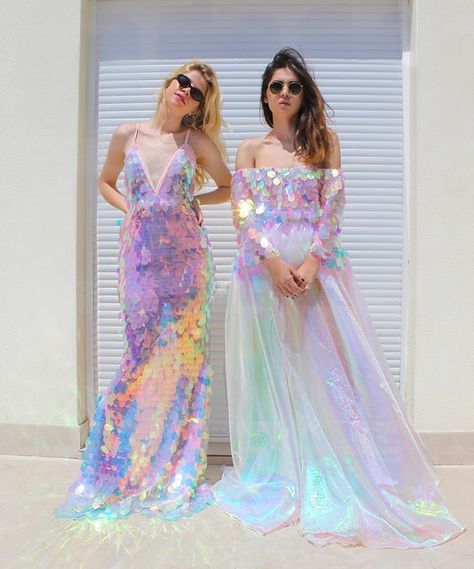 Holographic sequin dresses Holographic Dress, White Holographic, Unique Bridesmaid Dresses, Mermaid Bridesmaid, Offbeat Bride, Unicorn Dress, Mermaid Bridesmaid Dresses, Looks Street Style, Going Out Dresses