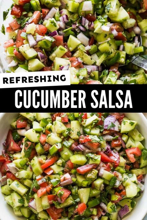 This Cucumber Salsa is easy to make and incredibly bright and refreshing! It's perfect for eating with crispy tortilla chips or on tacos, enchiladas, and grilled meats. Healthy Dip For Tortilla Chips, Paleo Cucumber Recipes, Tomato Cucumber Salsa, Cucumber Recipes Healthy Snacks, Cucumber Meal Ideas, Grilled Cucumber Recipes, Hummus Tacos, Salsa Salad Recipe, Easy Taco Bar