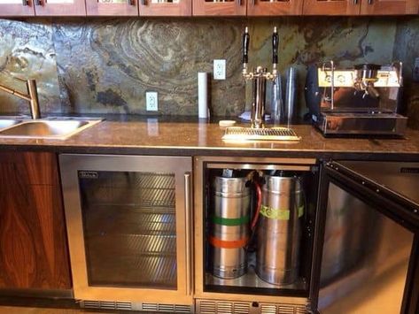 When you think of a bar, you usually think of your neighborhood bar that you hit up to watch a game or meet some friends. But what if you could have a... | Build Your Own Kegerator and Beer Tap #basementbar #basement #bar #homedecor #decoratedlife Home Kegerator Bar, Built In Kegerator Home Bars, Bar With Kegerator Built Ins, Basement Brewery, Kegerator Cabinet, Kegerator Bar, Brew Room, Basement Bar Decor, Bar Decor Ideas