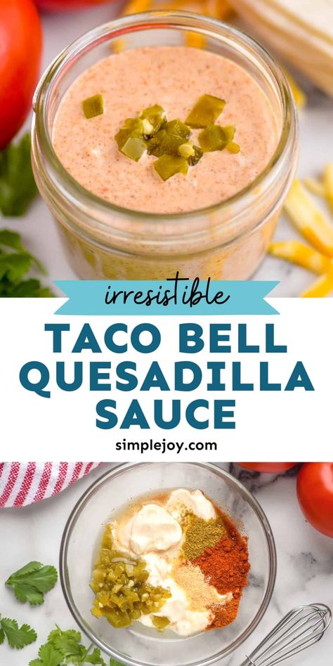 Taco Bell Quesadilla Sauce is the secret ingredient to making quesadillas over to top delicious! Made with just a few simple ingredients already in your pantry, this sauce will become a staple in your house. Diy Taco Bell, Making Quesadillas, Chicken Quesadillas Taco Bell, Taco Bell Quesadilla Sauce, Quesadilla Sauce, Taco Bell Quesadilla, Taco Bell Sauce, Secret Sauce Recipe, How To Make Quesadillas