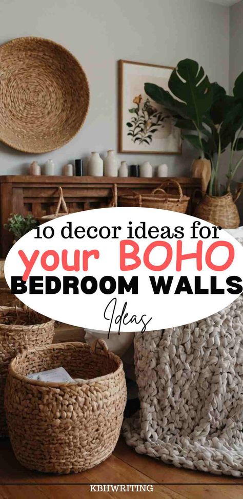 10 Captivating Boho Bedroom Wall Decor Ideas That Feels Welcoming Boho Baskets On Wall, Wicker Plates On Wall, Boho Gallery Wall Ideas, Woven Baskets On Wall, Over The Bed Wall Decor Boho, Basket On Wall Decor, Boho Farmhouse Bedroom Decor, Boho Basket Wall Art, Wall Basket Decor Ideas