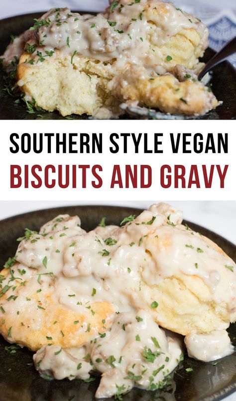 Vegetarian Gravy Biscuits, Vegetarian Biscuits And Gravy Recipes, Veggie Biscuits And Gravy, Gf Vegan Breakfast, Vegan Gravy For Biscuits, Vegetarian Southern Food, Southern Vegetarian Recipes, Southern Vegan Recipes, Dairy Free Biscuits And Gravy